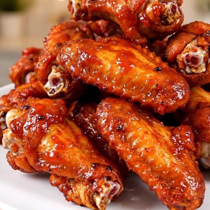 A close-up of glossy Buffalo Ranch chicken wings arranged on a white plate.