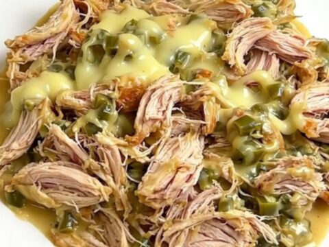 A top-down view of raw chicken breasts, green chiles, taco seasoning, and a block of cream cheese in a slow cooker.