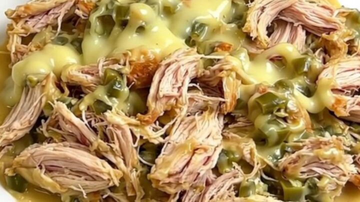 A top-down view of raw chicken breasts, green chiles, taco seasoning, and a block of cream cheese in a slow cooker.