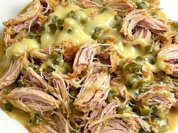 A top-down view of raw chicken breasts, green chiles, taco seasoning, and a block of cream cheese in a slow cooker.
