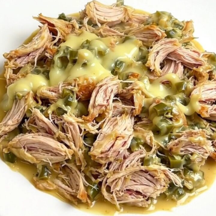 A top-down view of raw chicken breasts, green chiles, taco seasoning, and a block of cream cheese in a slow cooker.