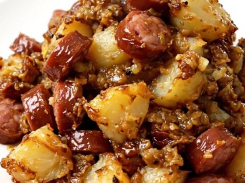 A top-down view of a black slow cooker filled with halved baby potatoes, sliced smoked sausage, and seasonings.