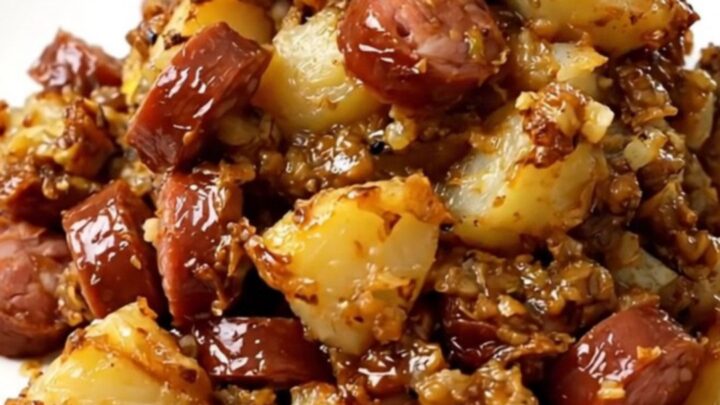 A top-down view of a black slow cooker filled with halved baby potatoes, sliced smoked sausage, and seasonings.