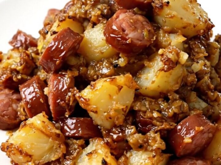 A top-down view of a black slow cooker filled with halved baby potatoes, sliced smoked sausage, and seasonings.