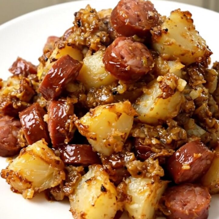 A top-down view of a black slow cooker filled with halved baby potatoes, sliced smoked sausage, and seasonings.