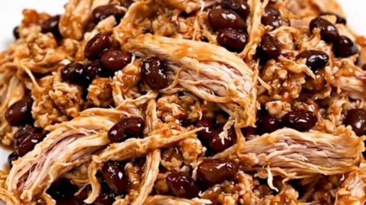 A top-down view of a slow cooker filled with raw chicken, black beans, seasoning, and salsa.
