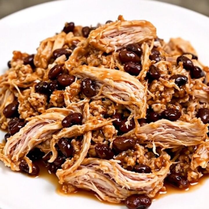 A top-down view of a slow cooker filled with raw chicken, black beans, seasoning, and salsa.