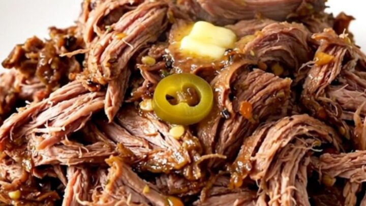 A close-up of tender, shredded Mississippi Pot Roast on a white plate with pepperoncini peppers.