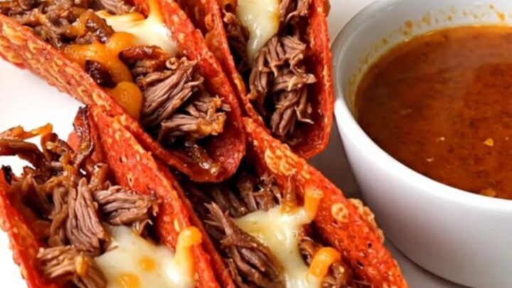 A close-up of crispy, golden-brown beef birria tacos served on a white plate with a side of savory dipping broth.