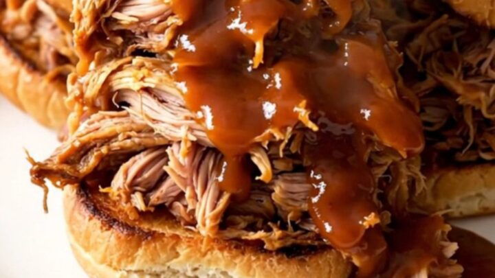 A close-up view of steaming pumpkin barbecue pulled pork piled high on toasted pretzel slider buns.