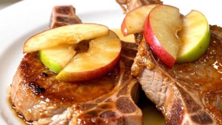 A close-up of glossy, cooked pork chops topped with tender caramelized apples on a white plate.