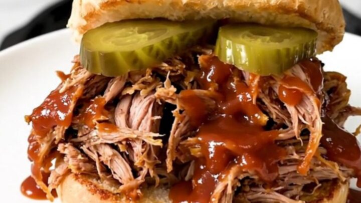 A close-up of a tender pulled pork sandwich on a soft bun with pickles.