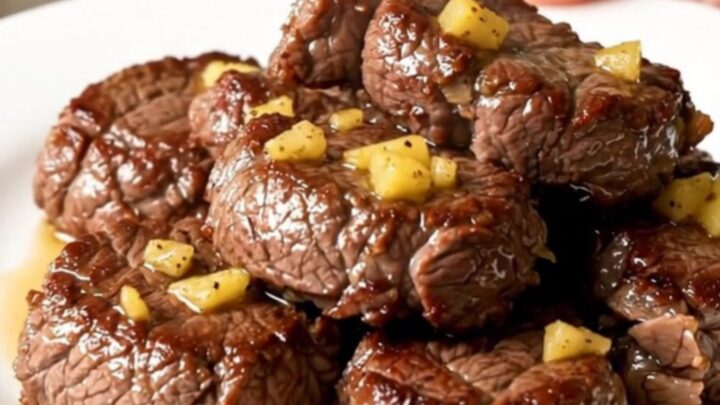 A top-down view of raw steak cubes, butter, and seasonings inside a black slow cooker bowl.