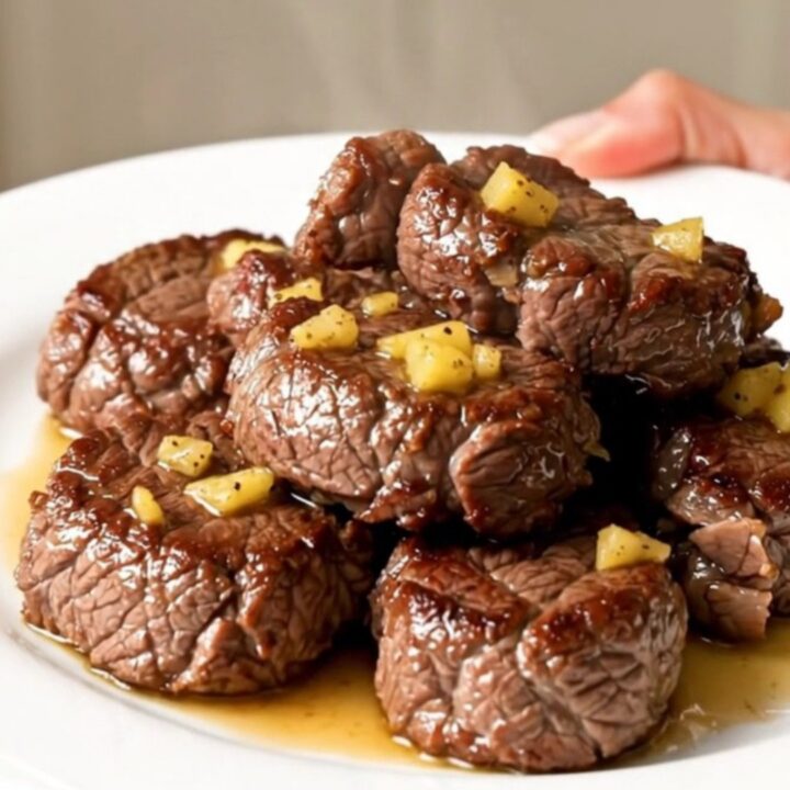 A top-down view of raw steak cubes, butter, and seasonings inside a black slow cooker bowl.