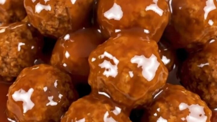 A close-up of glossy, glazed sweet and sour meatballs in a slow cooker.