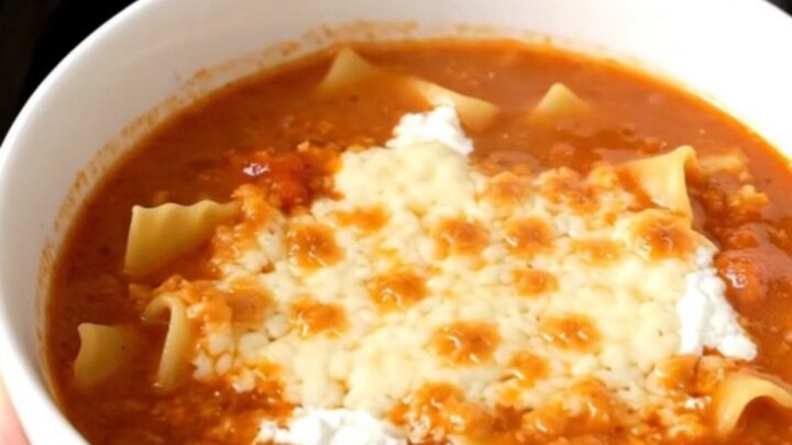 A steaming, glossy bowl of lasagna soup topped with melted mozzarella cheese on a kitchen counter.