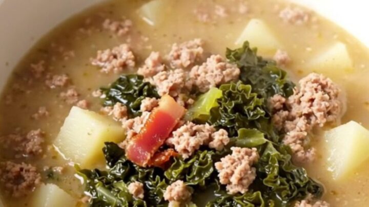A steaming bowl of Zuppa Toscana filled with sausage, potatoes, and kale on a white background.