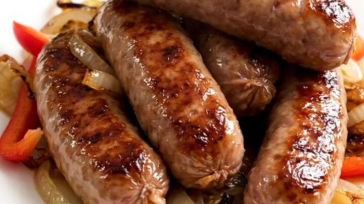 A slow cooker filled with cooked bratwurst, sliced bell peppers, and onions in a beer-based sauce.