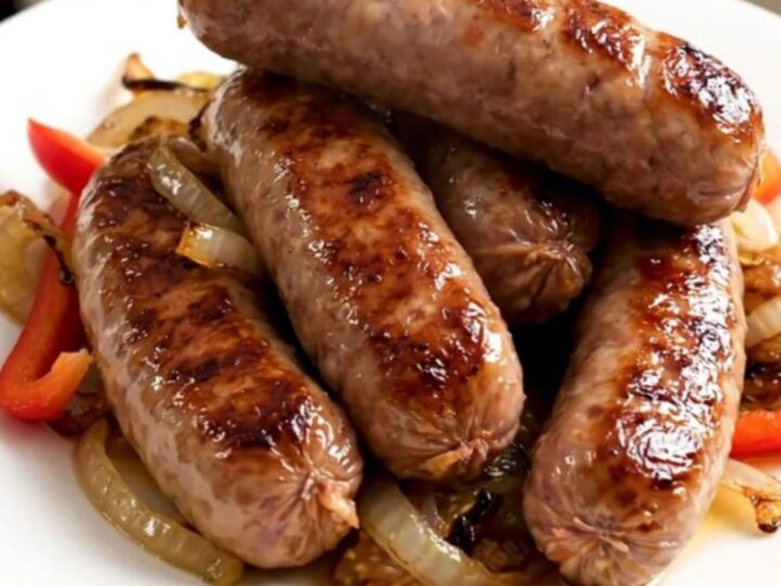 A slow cooker filled with cooked bratwurst, sliced bell peppers, and onions in a beer-based sauce.