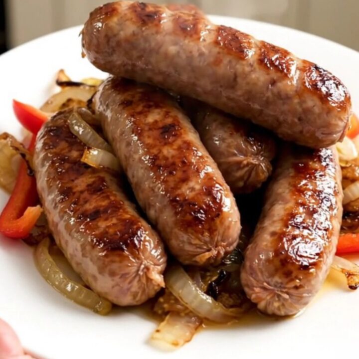 A slow cooker filled with cooked bratwurst, sliced bell peppers, and onions in a beer-based sauce.