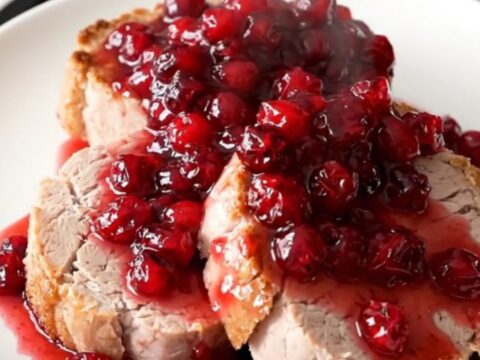 A slow cooker filled with a pork roast, sliced apples, brown sugar, and cranberry sauce.