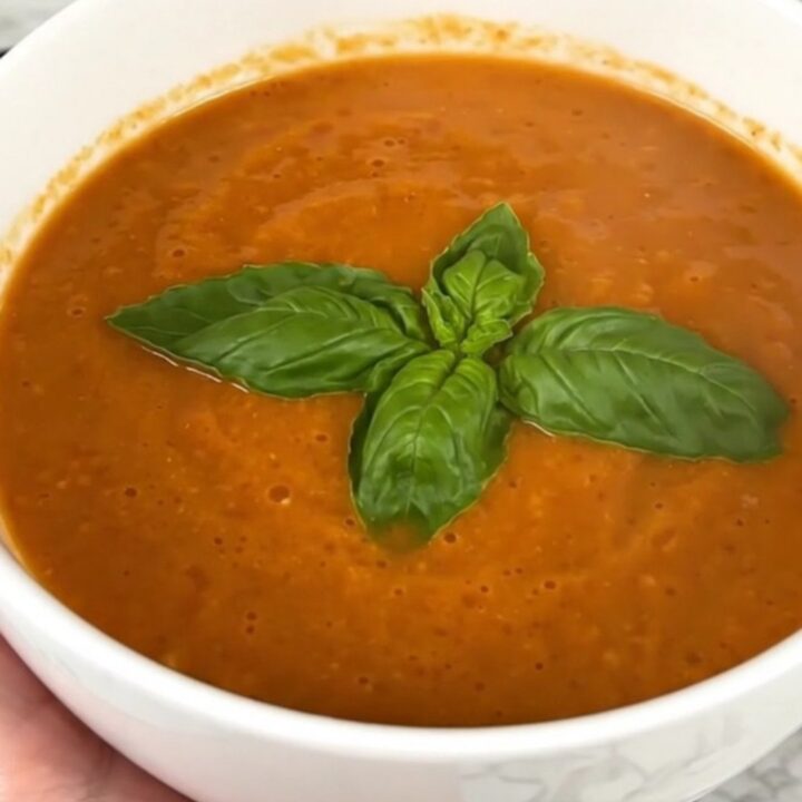 A bowl of creamy tomato basil soup garnished with fresh basil leaves on a bright kitchen counter.
