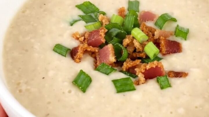 A bowl of creamy, steaming potato bacon leek soup garnished with fresh green scallions.
