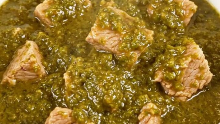 A white bowl filled with steaming, tender green chile pork stew