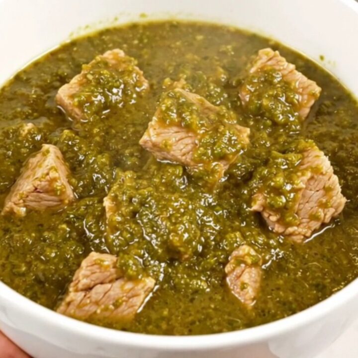 A white bowl filled with steaming, tender green chile pork stew