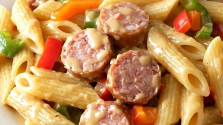 A top-down view of a black slow cooker filled with creamy Cajun sausage pasta on a white quartz countertop.