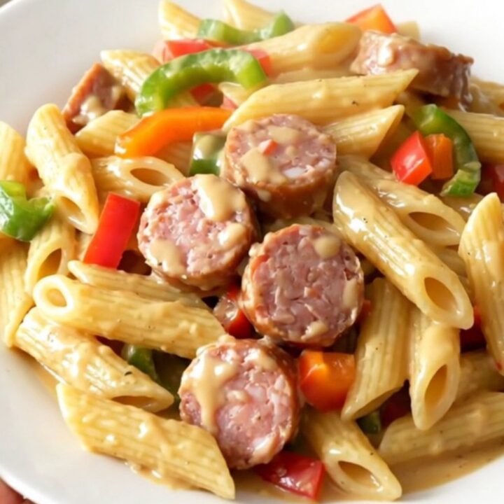 A top-down view of a black slow cooker filled with creamy Cajun sausage pasta on a white quartz countertop.