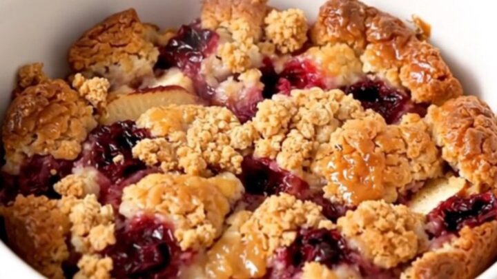 A warm, golden apple cranberry crisp served in a round white bowl, steaming and glossy.