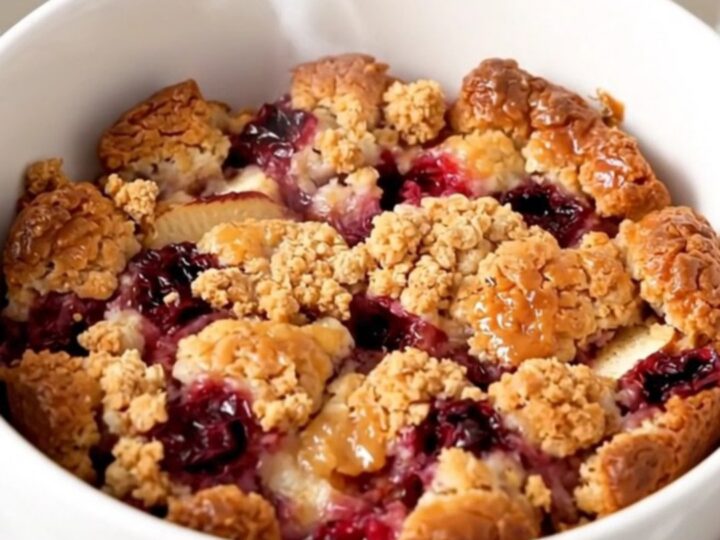 A warm, golden apple cranberry crisp served in a round white bowl, steaming and glossy.