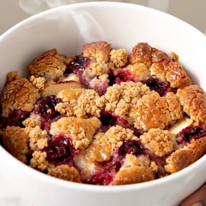 A warm, golden apple cranberry crisp served in a round white bowl, steaming and glossy.