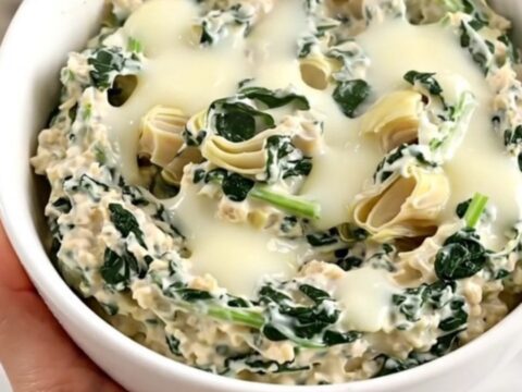 A top-down view into a black slow cooker filled with layers of spinach, artichoke hearts, mozzarella, and cream cheese.