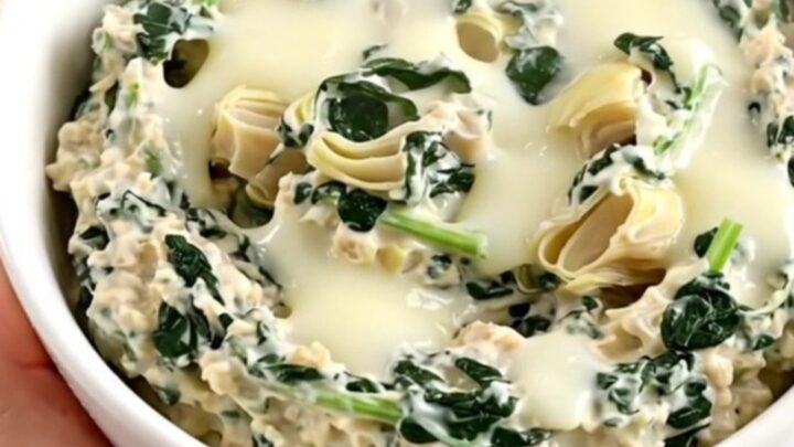 A top-down view into a black slow cooker filled with layers of spinach, artichoke hearts, mozzarella, and cream cheese.