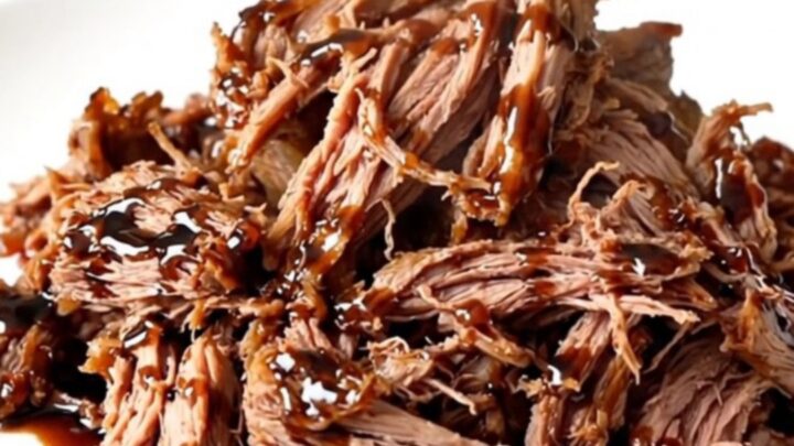 A succulent balsamic glazed pot roast plated on a white dish with a glossy finish.
