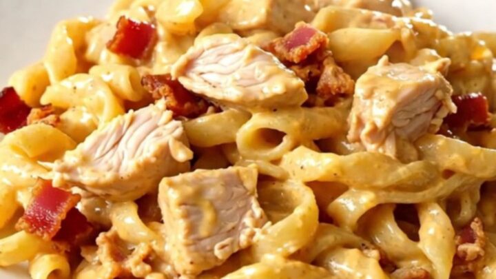 A top-down view of chicken, bacon, and alfredo sauce in a slow cooker.