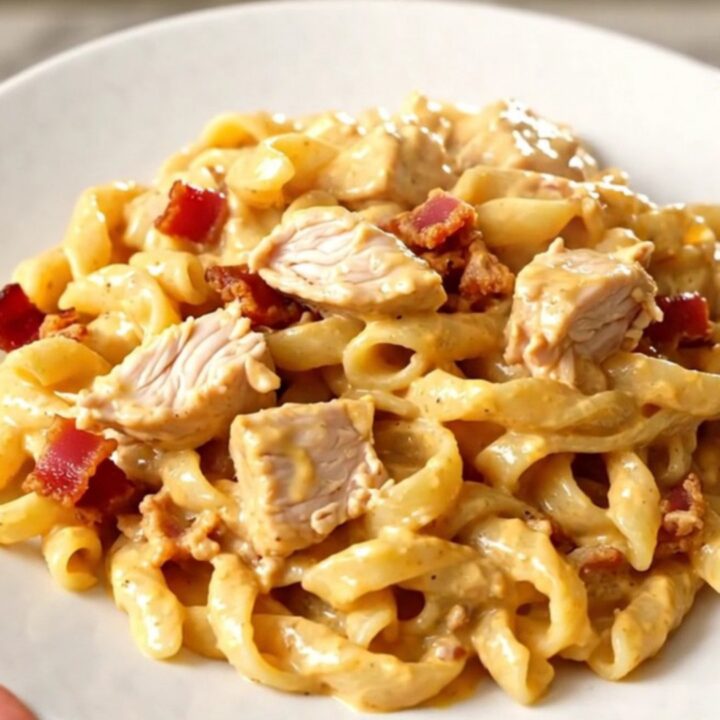 A top-down view of chicken, bacon, and alfredo sauce in a slow cooker.