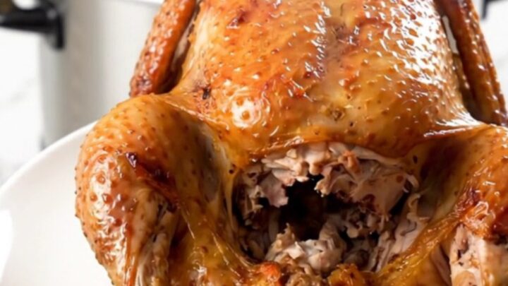 A golden-brown whole roasted chicken sits on a clean white plate, steaming slightly.