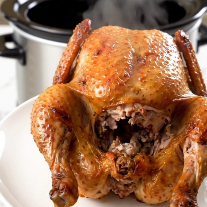 A golden-brown whole roasted chicken sits on a clean white plate, steaming slightly.