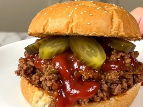 A close-up of a steaming, glossy beef sloppy joe sandwich on a plain white plate.