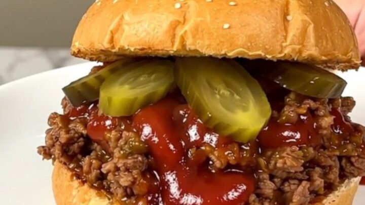 A close-up of a steaming, glossy beef sloppy joe sandwich on a plain white plate.