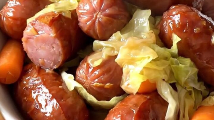 A white bowl filled with sliced smoked kielbasa, tender green cabbage wedges