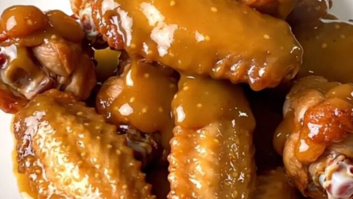 A top-down view of raw chicken wings and diced onions inside a black slow cooker on a white countertop.