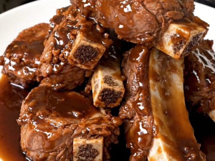 A top-down view into a black slow cooker filled with raw bone-in beef short ribs and sliced onions.