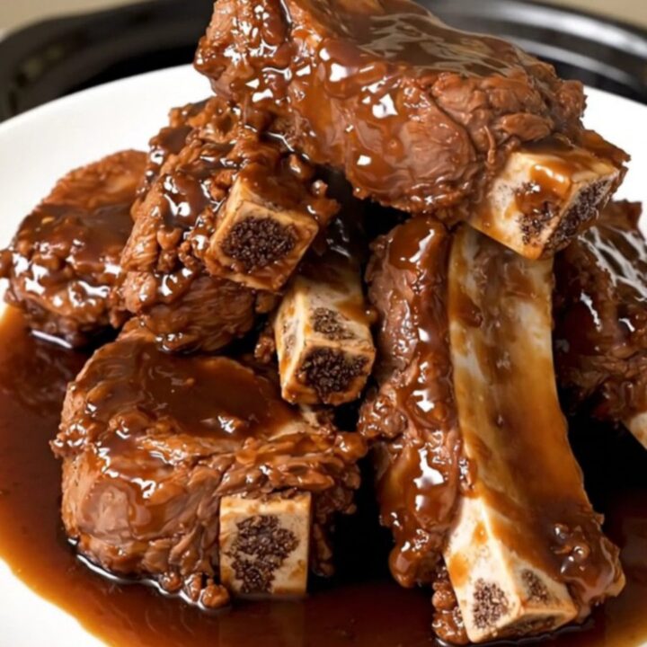 A top-down view into a black slow cooker filled with raw bone-in beef short ribs and sliced onions.