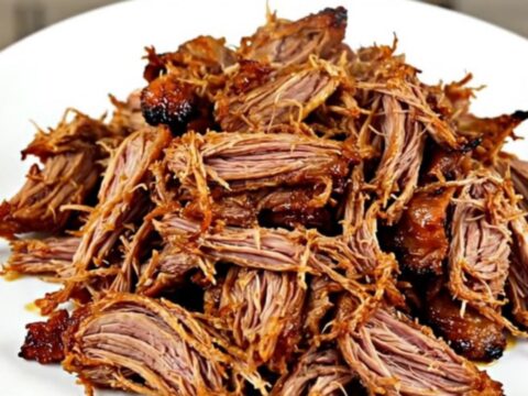A close-up of a plate filled with shredded, glossy, and steaming Mexican carnitas pork.