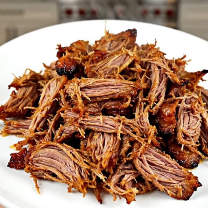 A close-up of a plate filled with shredded, glossy, and steaming Mexican carnitas pork.
