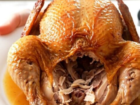 A whole roasted chicken in a slow cooker surrounded by sliced apples and savory sauce.